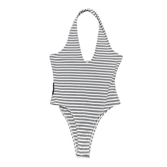 Missguided Tops - MISSGUIDED Brown & Cream Plunge Halter Nick Striped Backless Bodysuit Size M